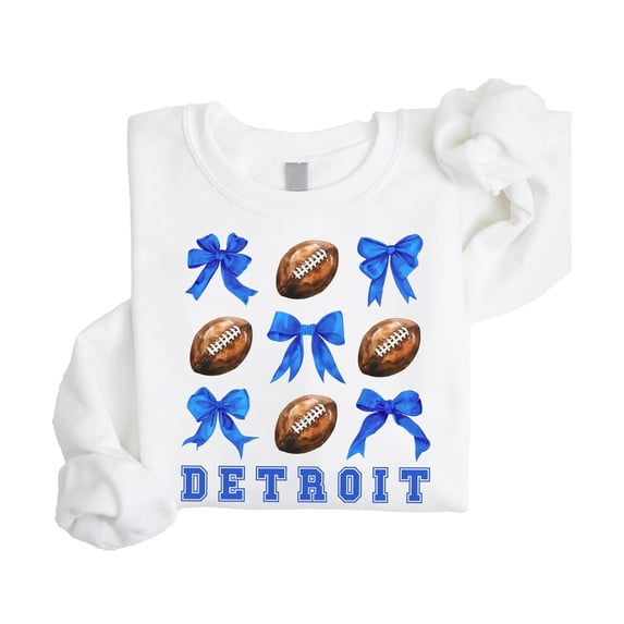 Detroit Football Sweatshirt for Women Teens and Kids Footballs and Blue Coquette Bows Pullover White Sweatshirt Adult X-Large