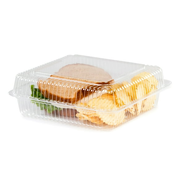 Detroit Forming LBH-851 Clear OPS Plastic Square Hinged Locking Lid Food Container 9" x 8.75" x 3"| 250/Case
