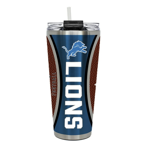 Detroit Lions 32 ounce vacuum insulated stainless steel tumbler with Gameball graphic
