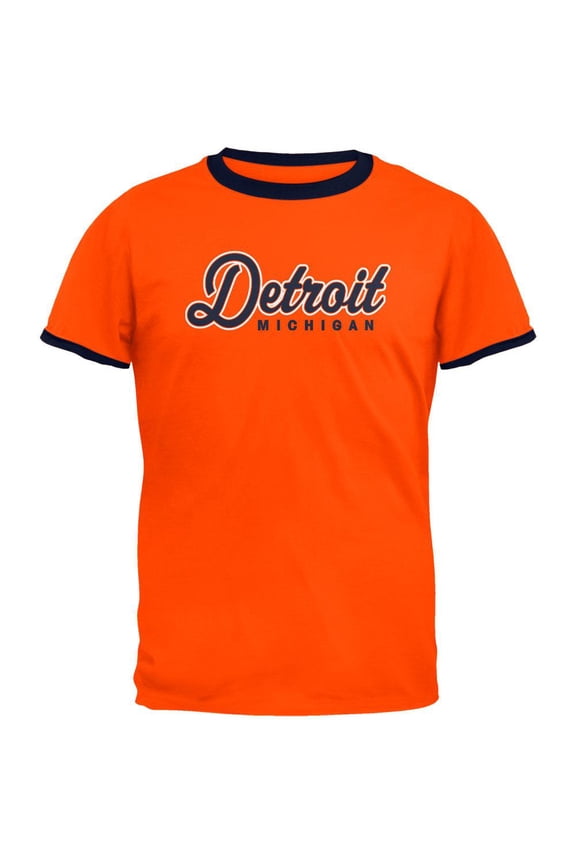 Detroit Michigan Baseball Script Mens Ringer T Shirt Orange-Navy 2XL