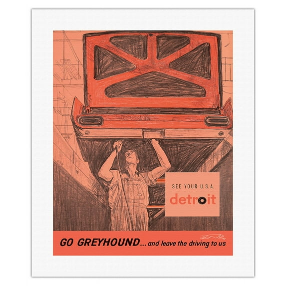 Detroit Michigan - Go Greyhound (Greyhound Bus Lines) - Vintage Travel Poster by G. Roth c.1960s - Fine Art Rolled Canvas Print 16in x 20in