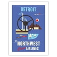 thumbnail image 1 of Detroit Michigan - Motown Motor City - Fly Northwest Orient Airlines - Vintage Airline Travel Poster c.1950s - Fine Art Matte Paper Print (Unframed) 24x32in, 1 of 4