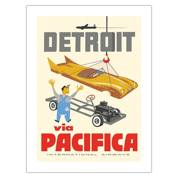 Detroit Michigan - Pacifica International Airways - Vintage Airline Travel Poster - Fine Art Matte Paper Print (Unframed) 18x24in