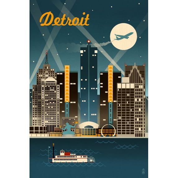 Detroit, Michigan, Retro Skyline (16x24 Giclee Gallery Art Print, Vivid Textured Wall Decor)