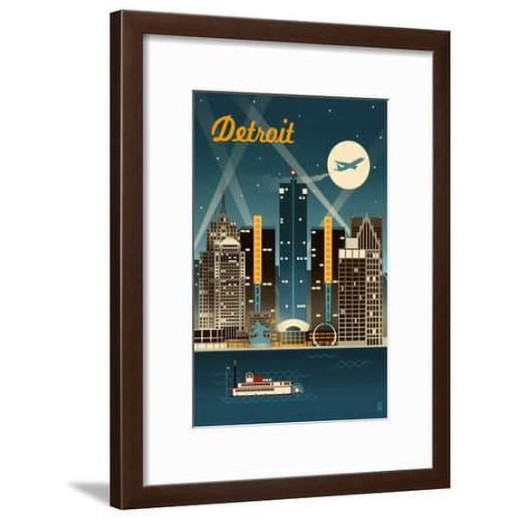 Detroit, Michigan Retro Skyline, Framed Art Print Wall Art by Lantern Press Sold by Art.Com