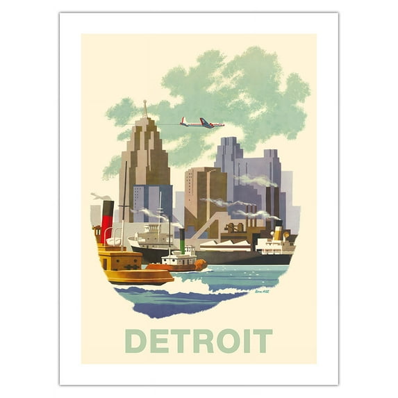 Detroit Michigan - Skyline - Vintage Airline Travel Poster by Bern Hill c.1950s - Bamboo Fine Art 290gsm Paper (Unframed) 12x16in