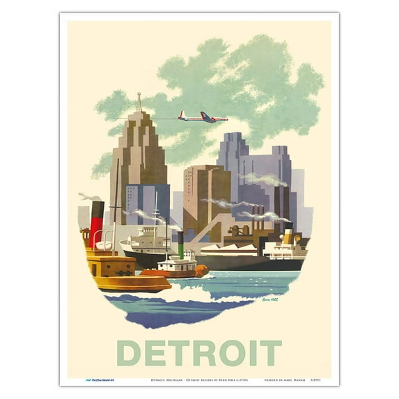 Detroit Michigan - Skyline - Vintage Airline Travel Poster by Bern Hill c.1950s - Master Art Print (Unframed) 9in x 12in
