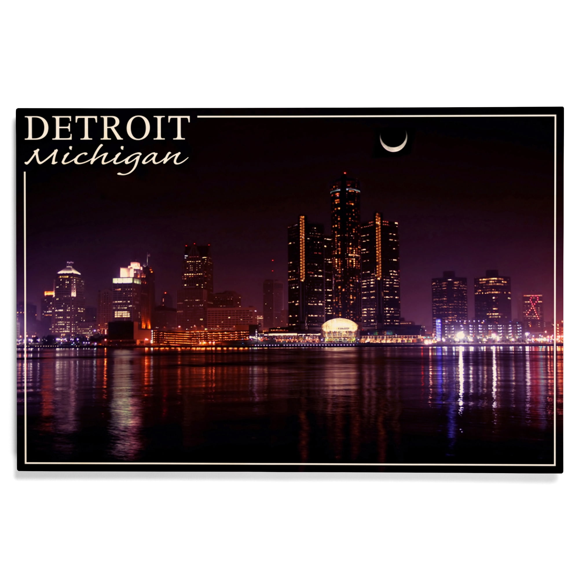 Detroit, Michigan, Skyline at Night Birch Wood Wall Sign (12x18 Rustic ...