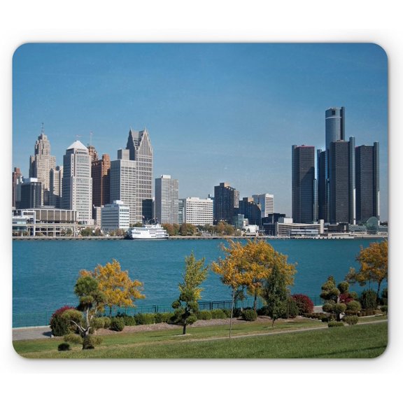 Detroit Mouse Pad, Industrial City Center Shoreline River Scenic Panoramic View in a Sunny Day, Rectangle Non-Slip Rubber Mousepad, Standard Size, Blue Green Grey