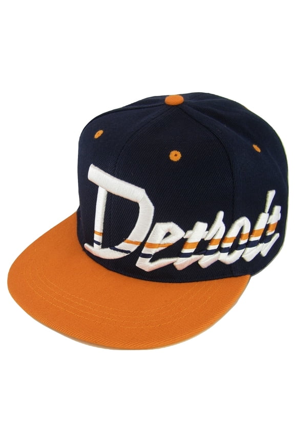 Detroit Offset Jagged Script Adult Size Adjustable Snapback Baseball Cap (Navy/Orange)