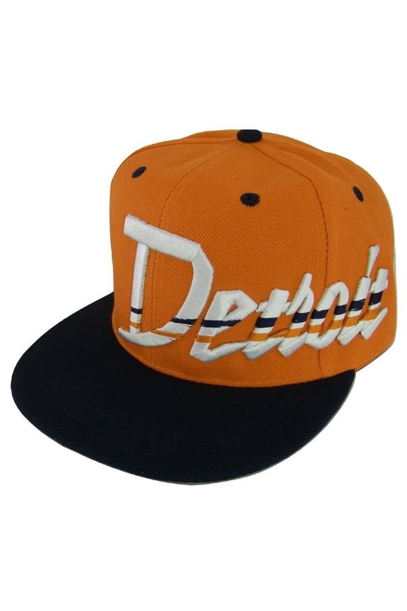 Detroit Offset Jagged Script Adult Size Adjustable Snapback Baseball Cap (Orange/Navy)