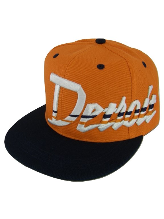 Detroit Offset Jagged Script Adult Size Adjustable Snapback Baseball Cap (Orange/Navy)