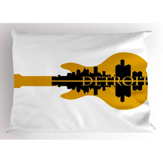 Detroit Pillow Sham High Rise Buildings Silhouette Reflection Electric Guitar Instrument Music Theme, Decorative Standard King Size Printed Pillowcase, 36 X 20 Inches, Yellow Black, by Ambesonne