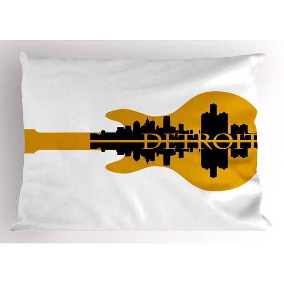 Detroit Pillow Sham High Rise Buildings Silhouette Reflection Electric Guitar Instrument Music Theme, Decorative Standard Size Printed Pillowcase, 26 X 20 Inches, Yellow Black, by Ambesonne