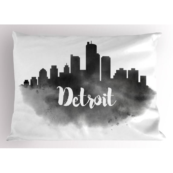 Detroit Pillow Sham Smoky City Skyline with Brushstrokes Hand Written Style Letters Buildings, Decorative Standard Size Printed Pillowcase, 26 X 20 Inches, Black Silver White, by Ambesonne