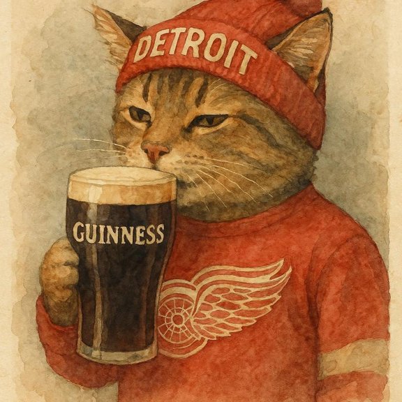 Detroit Red Wings Cat Drinking Guinness Poster – Funny Vintage Hockey Beer Wall Art 24x36 UNFRAMDE