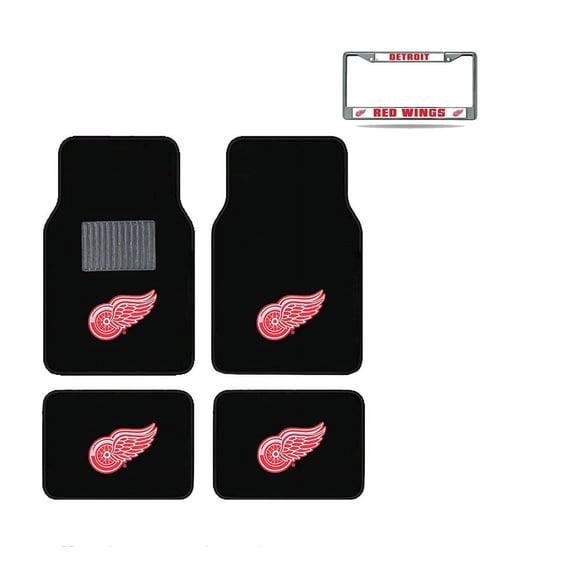 Detroit Redwings 4 Pc Carpet Floor Mats And Chrome Metal License Frame