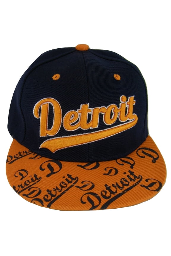 Detroit Script Print on Bill Adjustable Snapback Baseball Cap (Navy/Orange)