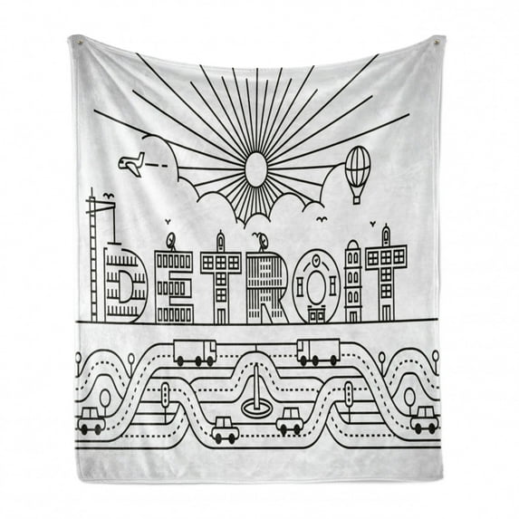 Detroit Soft Flannel Fleece Blanket, Detroit City Typography with Building Letters Transportation and Air Balloon, Cozy Plush for Indoor and Outdoor Use, 50" x 70", Black and White, by Ambesonne