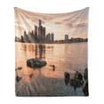 thumbnail image 1 of Detroit Soft Flannel Fleece Blanket, Idyllic Sunset View with High Rise Buildings Riverfront Rocks Calm Peaceful, Cozy Plush for Indoor and Outdoor Use, 50" x 60", Coral Dark Brown, by Ambesonne, 1 of 5