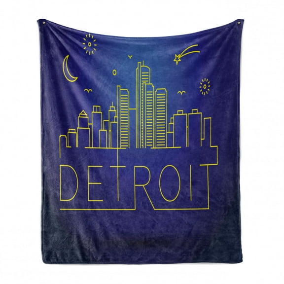 Detroit Soft Flannel Fleece Blanket, Minimalistic Graphic Cityscape of Detroit City Architecture and Sky Elements, Cozy Plush for Indoor and Outdoor Use, 70" x 90", Blue and Yellow, by Ambesonne