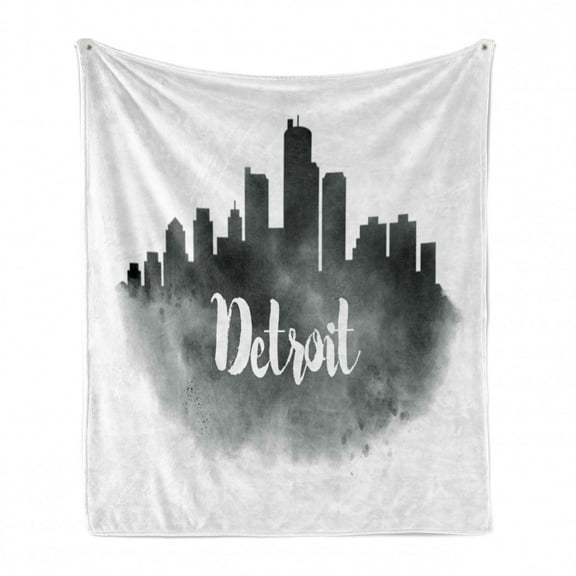 Detroit Soft Flannel Fleece Blanket, Smoky City Skyline with Brushstrokes Hand Written Style Letters Buildings, Cozy Plush for Indoor and Outdoor Use, 50" x 70", Charcoal Grey White, by Ambesonne