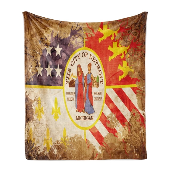 Detroit Soft Flannel Fleece Throw Blanket, Antique Detroit Flag with Floral Swirls Grungy Look Vintage Style Old American, Cozy Plush for Indoor and Outdoor Use, 70" x 90", Multicolor, by Ambesonne