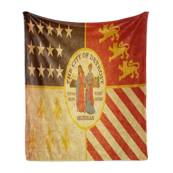 Detroit Soft Flannel Fleece Throw Blanket, Historical Old of Detroit City Rusty Looking Vintages Emblem Print, Cozy Plush for Indoor and Outdoor Use, 50" x 70", Multicolor, by Ambesonne