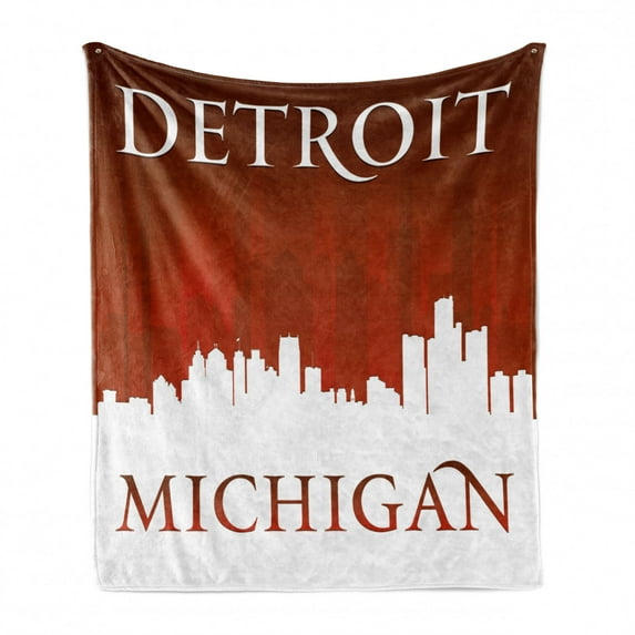 Detroit Soft Flannel Fleece Throw Blanket, Michigan City Silhouette Composition Classical Typography American City, Cozy Plush for Indoor and Outdoor Use, 70" x 90", Red and White, by Ambesonne