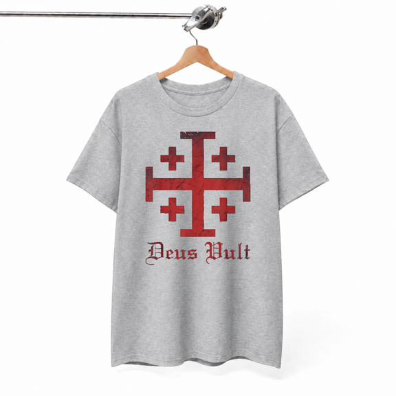 Deus Vult Jerusalem Cross Crusaders Military Faction Symbol Unisex Tee,S- 5XL