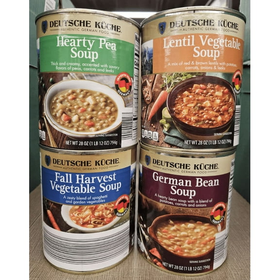 Deutsche Kuche Authentic German Soup Hearty Pea, Fall Harvest Vegetable, Lentil Vegetable & German Bean 28oz 794g (4 Cans)