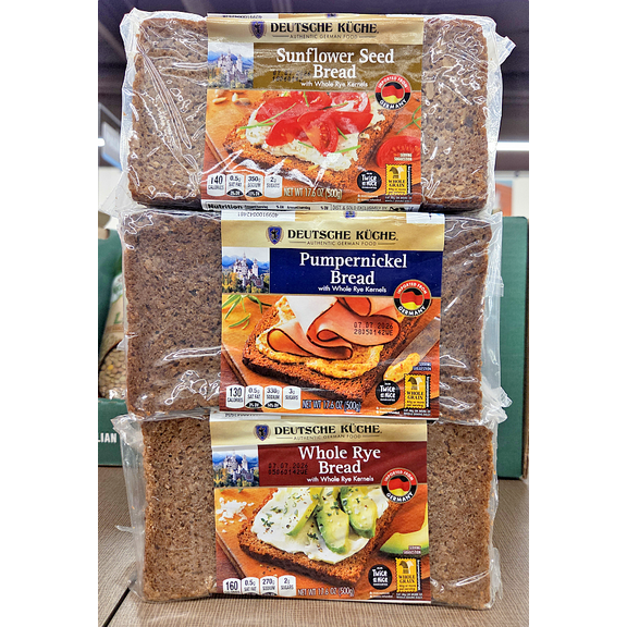 Deutsche Kuche Bread with Whole Rye Kernels Sunflower Seed, Pumpernickel, Whole Rye 17.6oz 500g (3 Bags)