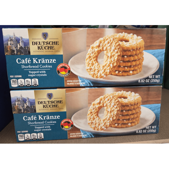 Deutsche Kuche Café Kranze Shortbread Cookies Topped with Sugar Crystals 8.82oz 250g (2 Boxes)