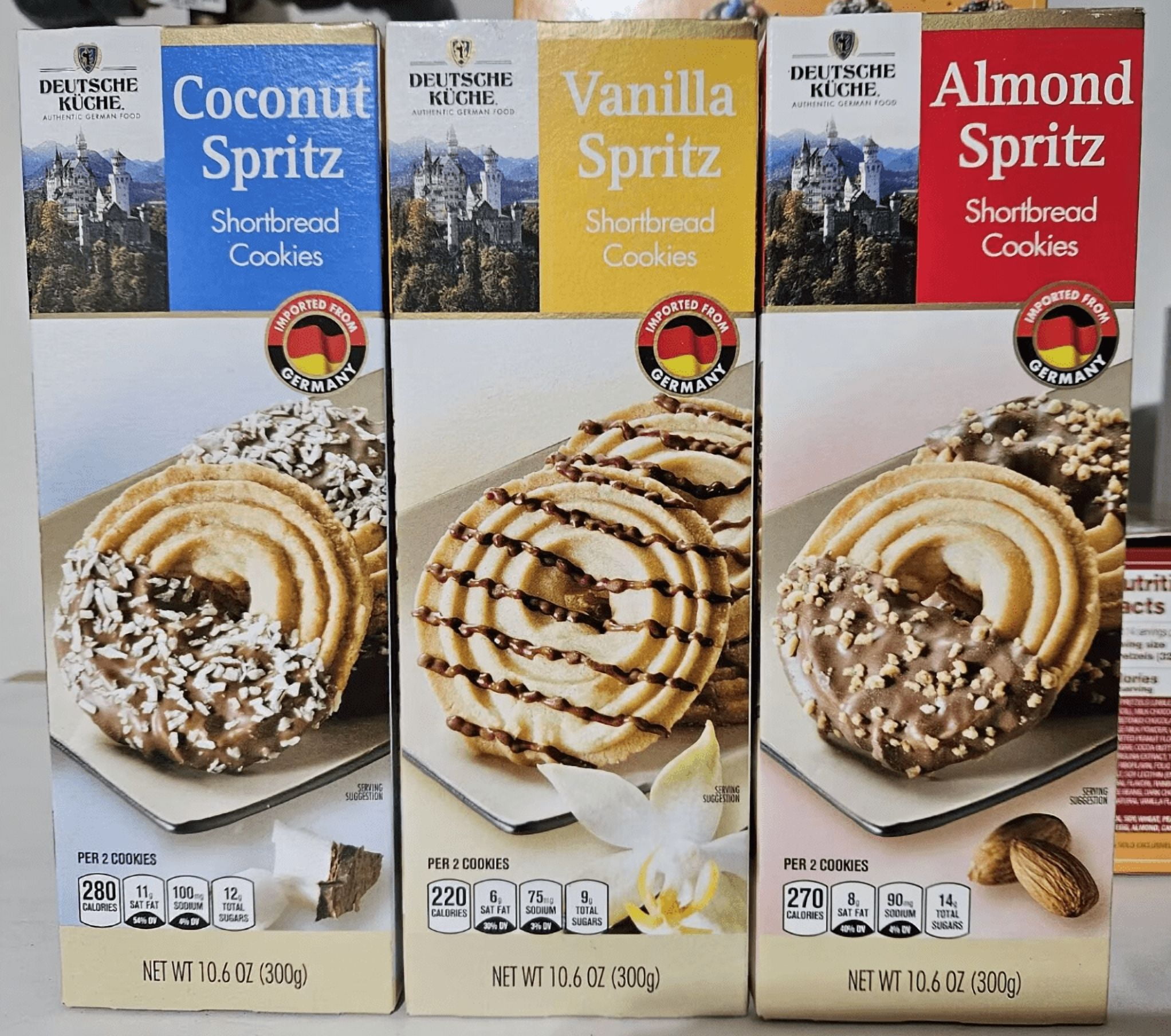 Deutsche Kuche Spritz Shortbread Cookies Coconut Spritz, Vanilla Spritz and Almond Spritz 10.6oz 300g (3 Boxes)