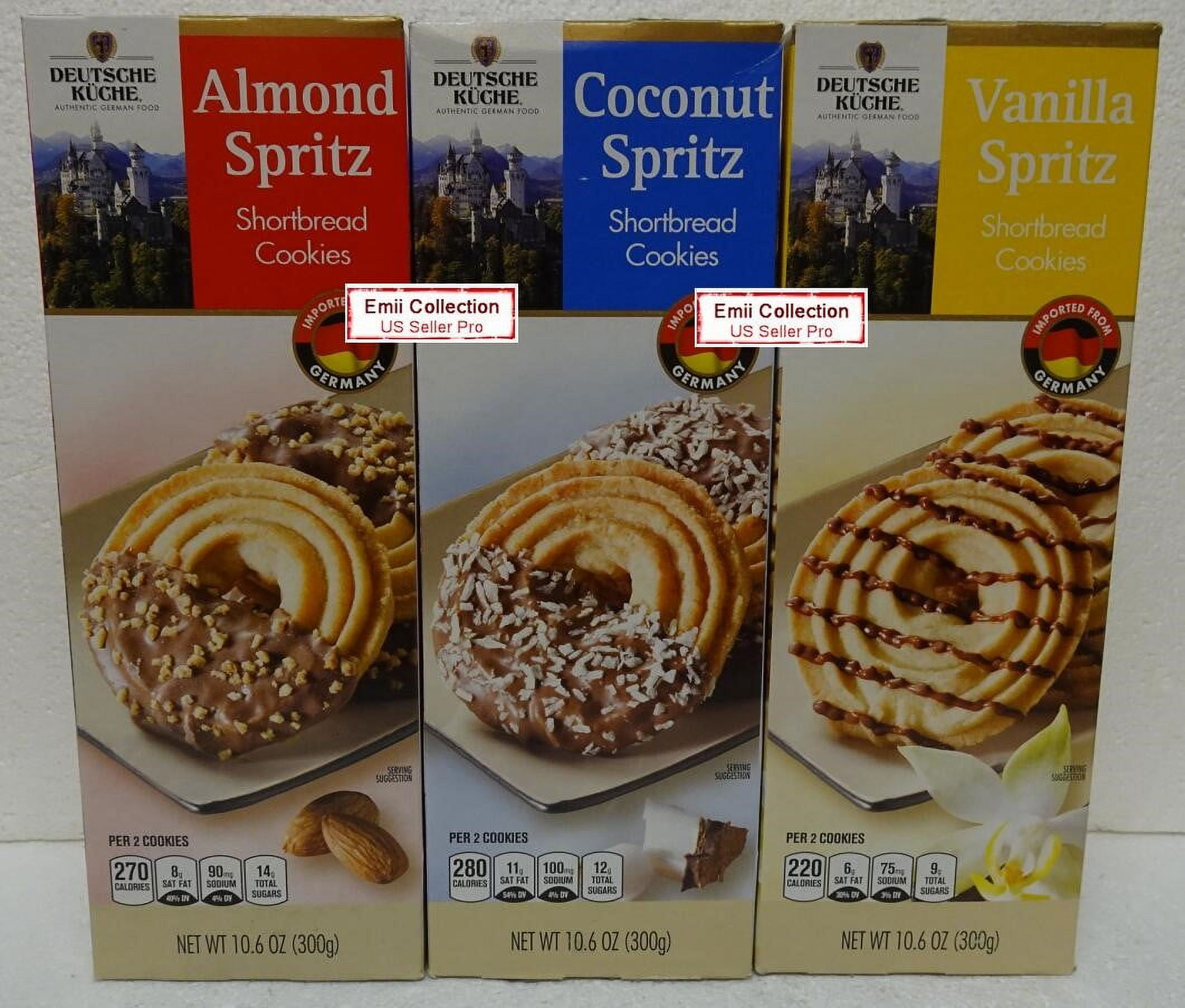 Deutsche Kuche Shortbread Cookies Coconut Spritz, Vanilla Spritz and