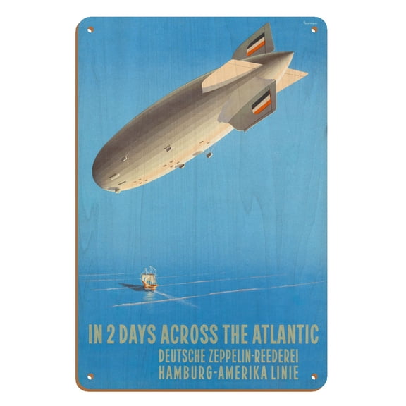 Deutsche Zeppelin Reederei (German Zeppelin Line) - Atlantic - Hamburg-American - Vintage Airline Travel Poster by Ottomar Anton c.1935 - 8 x 12 inch Vintage Wood Art Sign