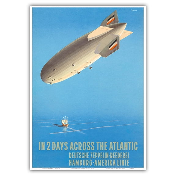 Deutsche Zeppelin Reederei (German Zeppelin Line) - Atlantic - Hamburg-American - Vintage Airline Travel Poster by Ottomar Anton c.1935 - Master Art Print 10in x 14in