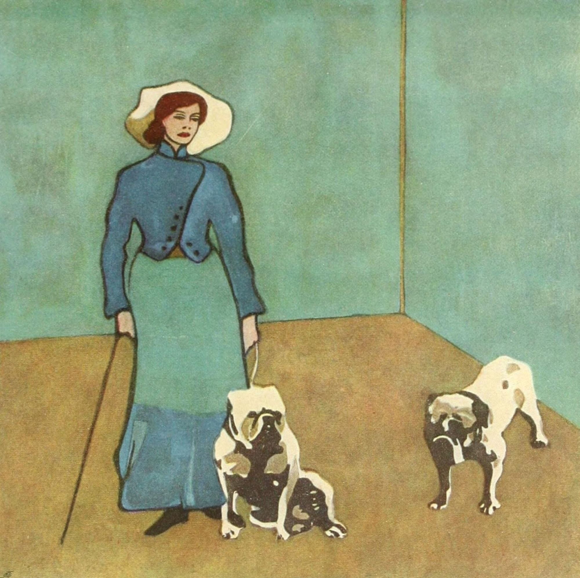 Deutsche kunst und dekoration 20 1921 Lady with bulldogs Canvas Art - KA Reichel (18 x 24)