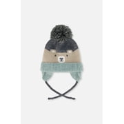 Deux Par Deux Boy Winter Knit Hat With Teddy Bear Face And Ears Beige And Turquoise
