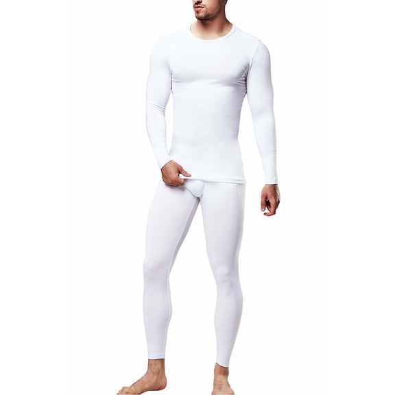 DevOps Men's Fleece Polyester Spandex Long Underwear, White (2 Piece)