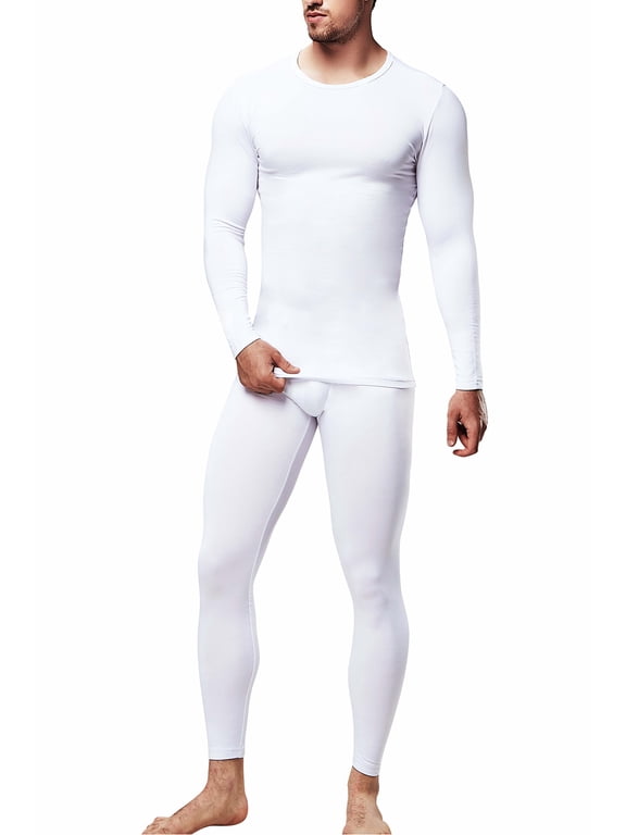 Men's Fleece Polyester Spandex Long Underwear, White (2 Piece)
