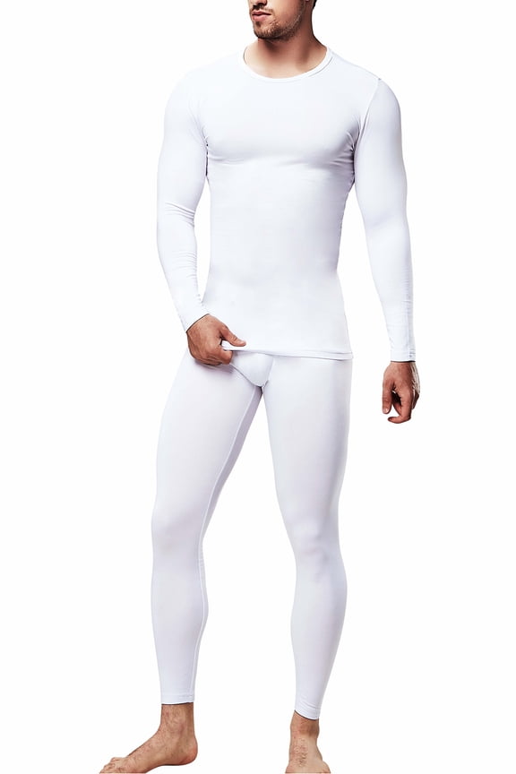 Men's Fleece Polyester Spandex Long Underwear, White (2 Piece)