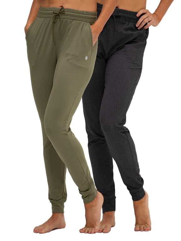 2 Pack Women's Yoga Jogger Pants with Side Pocket Sweatpants (X-Large, Heather Dk.Charcoal/Olive)