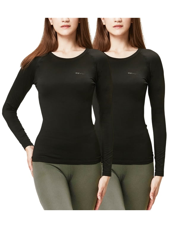 by DevOps Women's Micro Fleece Lined Thermal Tops, Athletic Shirts & Tops, 2 Pack (Large, Black/Black)