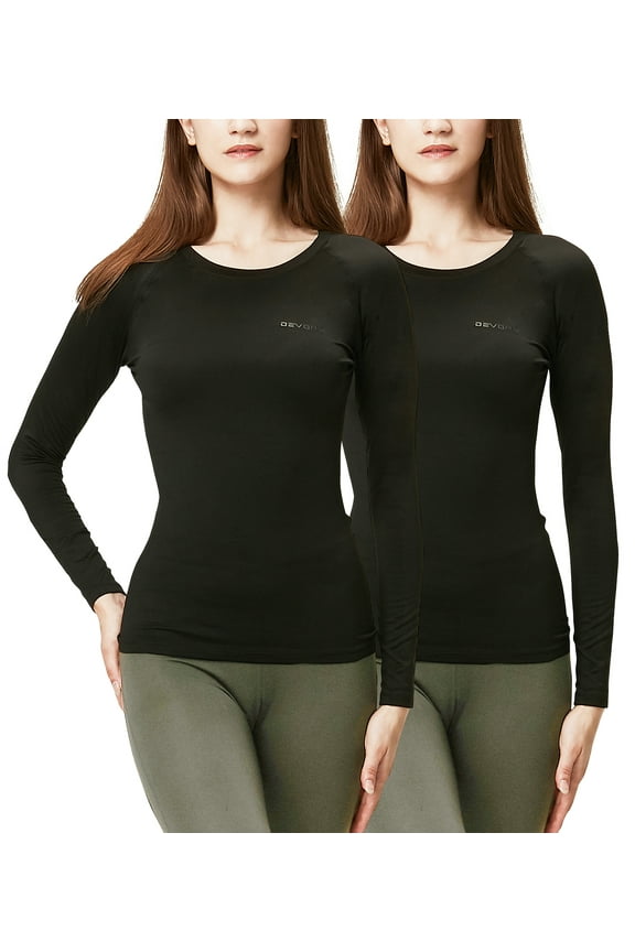 by DevOps Women's Micro Fleece Lined Thermal Tops, Athletic Shirts & Tops, 2 Pack (Large, Black/Black)