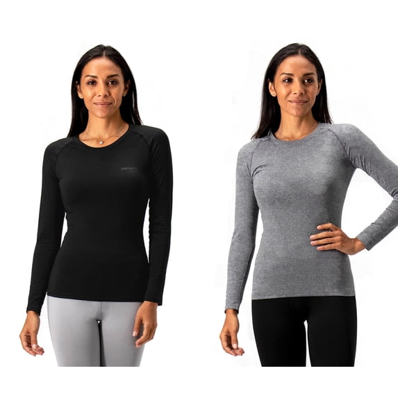 DevOps by DevOps Women's Micro Fleece Lined Thermal Tops, Athletic Shirts & Tops, 2 Pack (Small, Black/Heather Charcoal)