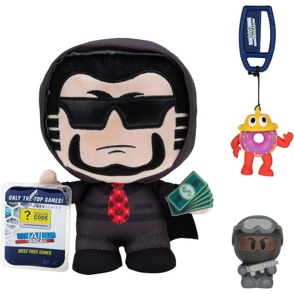DevSeries Jailbreak Collector Bundle - Three Exclusive Virtual Item Codes with Boss Pass Gamer Plush, SWAT Pass Gamer Squooshems, and Mr. Donut Hanger