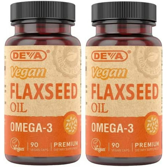 Deva Organic Vegan Vitamins Flax Seed Oil - Rich in Omega-3, Cold-Pressed & Unrefined - 90 Capsules, 2-Pack