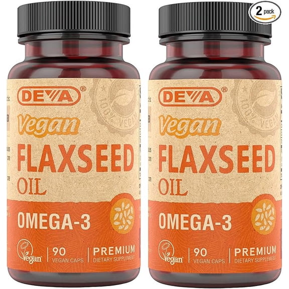 Deva Organic Vegan Vitamins Flax Seed Oil - Rich in Omega-3, Cold-Pressed & Unrefined - 90 Capsules, 2-Pack
