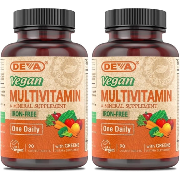 Deva Vegan Multivitamin and Mineral Supplement - One Daily Vitamin Formula with Greens - Iron Free - 90 Coated Tablets (Pack of 2)